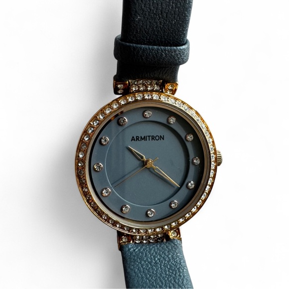 Armitron Gold and Dark Blue watch crystal details markers leather band main image 3